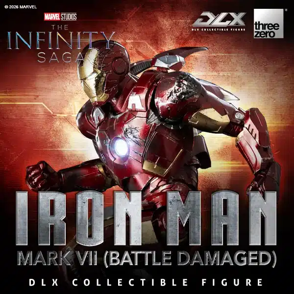 Figura THREEZERO Iron Man Mark 7 · Battle Damaged · fotografía promocional